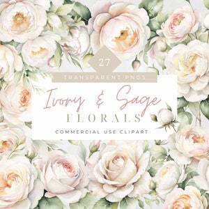 Ivory Floral Clipart White Roses Bouquets Sage Green Bouquet Collection Blush Roses eucalyptus branch premade bouquets wedding invitation