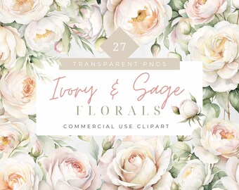 Ivory Floral Clipart White Roses Bouquets Sage Green Bouquet Collection Blush Roses eucalyptus branch premade bouquets wedding invitation