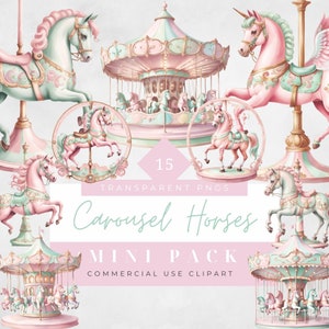 Clipart carrousel pastel Carnaval carrousel cheval cirque aquarelle licorne carnaval mini ensemble de créations en papier en téléchargement numérique à usage commercial