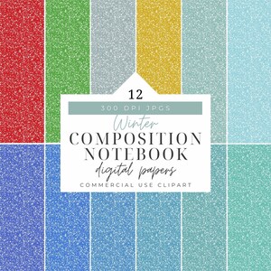 Peut inclure: Une collection de 12 papiers numériques sur le thème de l'hiver. Les papiers présentent une texture mouchetée dans diverses couleurs, dont le rouge, le vert, l'or et le bleu. L'image comprend le texte "Winter Composition Notebook Digital Papers."