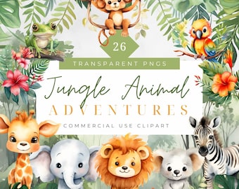 Watercolor Jungle Animals Clipart Baby Animal png Safari baby animal nursery decor Jungle Baby Shower clip art commercial use