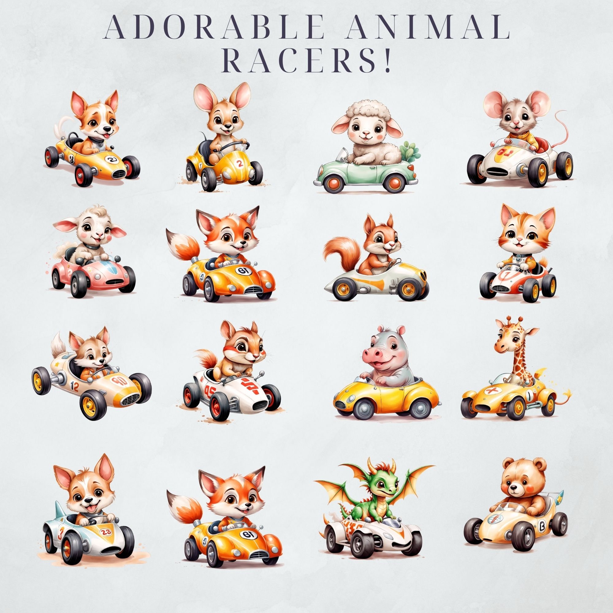 Editable Animals Racing Race Car Clipart Watercolor Cars Clipart Cute Animal Racing Invitation ...