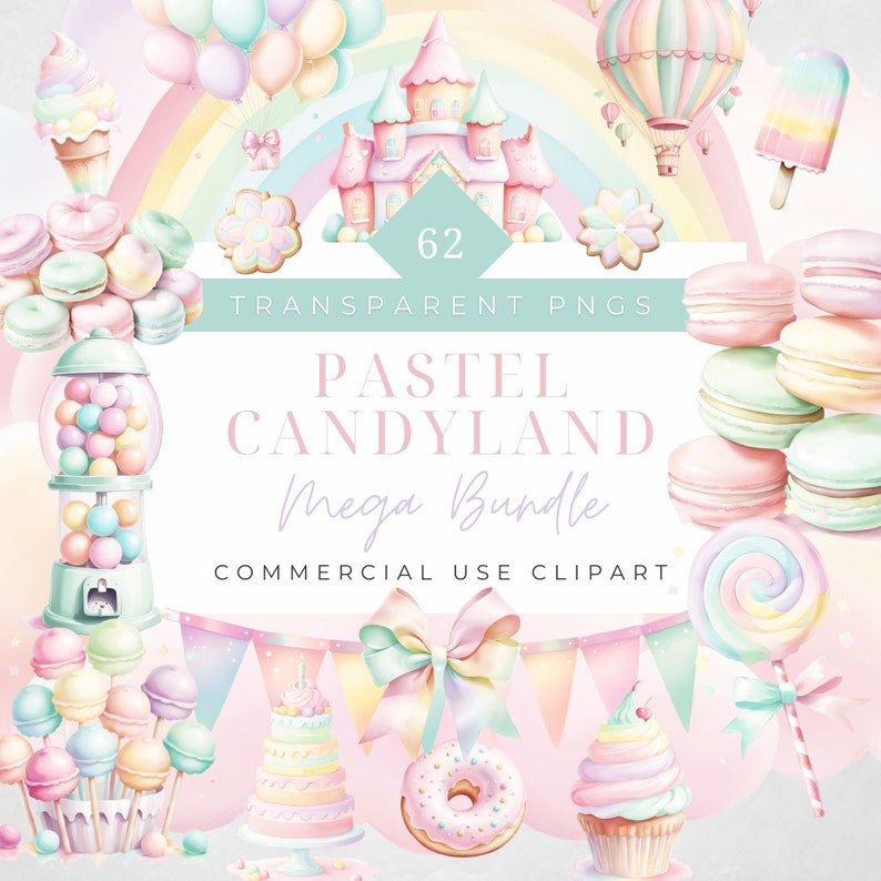 Pastel Candyland transparent pngs 62 commercial use clipart mega bundle, candy, cookies, pastel colors, light pink, gumball machine, ice cream, balloons, popsicle, gingerbread house, lollipop, donut, cake, cupcake, macarons, french macarons, rainbow