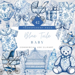 Blauwe Toile Clipart Franse Toile de Jouy babyjongen speelgoed chinoiserie clipart kinderkamer babyslofjes clipart teddybeer onesie toile bloemen png