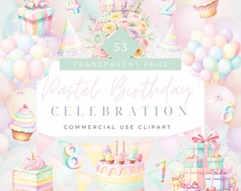 May include: A set of 53 pastel-colored birthday party clipart images. The images include balloons, cakes, cupcakes, presents, a crown, a party hat, and numbers. The images are perfect for creating invitations, cards, and other party decorations.