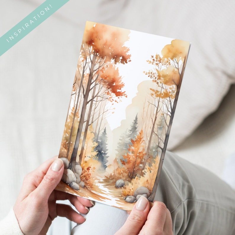 May include: Watercolor painting of a forest path with trees in shades of brown, orange, and yellow. The path leads into the distance, with sunlight filtering through the trees.
