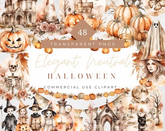 Elegant Halloween Clipart Neutral Sepia Watercolor Ghost Pumpkin Clipart Halloween invitation stationary decor Halloween Borders