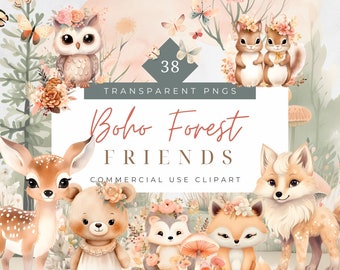 Watercolor Boho Woodland Transparent png Boho Style Animals Transparent Baby Forest animals Nursery Decor Boho Baby Shower Clipart