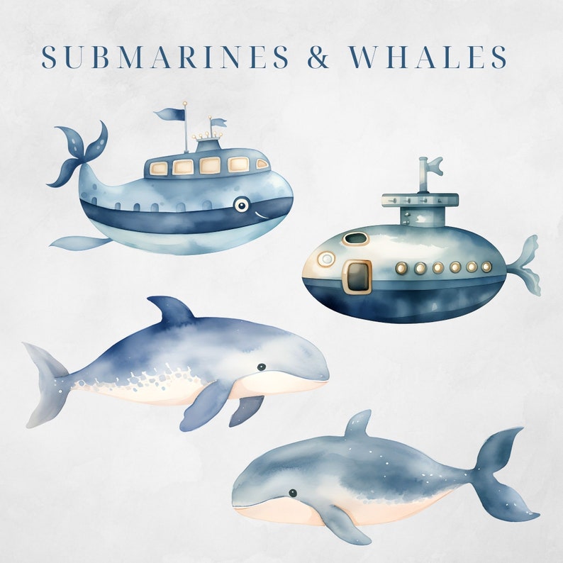 May include: Watercolor illustration of two blue whales and two blue submarines. The whales are swimming to the right and the submarines are facing forward. The image has the text "SUBMARINES & WHALES" at the top.