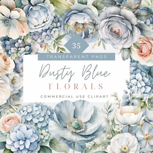 Dusty Blue Floral Clipart Blue Rose Clipart Wedding Invitation Dusty Blue Flowers Baby Shower Powder Blue watercolor poppies bouquet