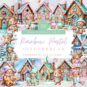 Pastel pain d'épice aquarelle pastel confortable hiver Clipart arc-en-ciel biscuits de pain d'épice maison en pain d'épice pastel PNG décoration de Noël