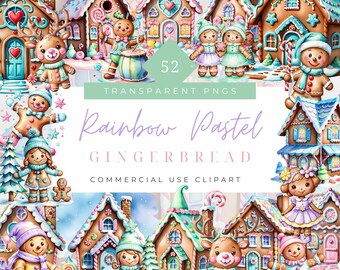 Pastel Gingerbread Watercolor Pastel Cozy Winter Clipart Rainbow Gingerbread Cookies Pastel Gingerbread House PNG Christmas Decoration