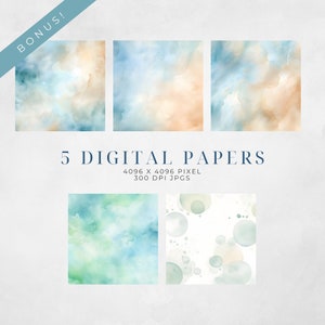 May include: Five digital papers with watercolor designs in shades of blue, green, and beige. The papers are 4096 x 4096 pixels and 300 DPI.