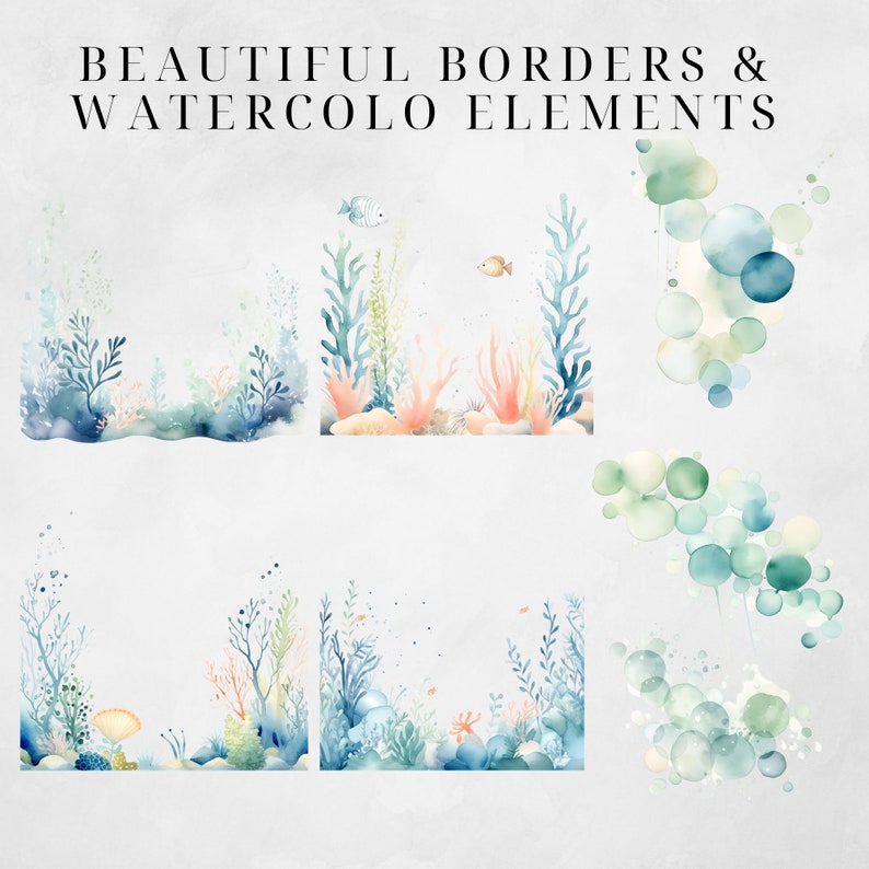 May include: Watercolor illustrations of underwater scenes with coral, seaweed, and fish. The illustrations are perfect for adding a touch of whimsy to your designs.