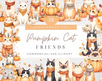 Pumpkin Cat Clipart Cozy Autumn Clipart Watercolor Kitten in Pumpkins Fall Leaves Autumn Kitten PNG composite elements journal sublimation