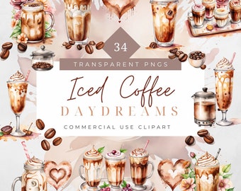 Watercolor Iced Coffee Clipart cute coffee cup clipart iced coffee png cards stationary junk journal coffee mug summer drinks commercial use