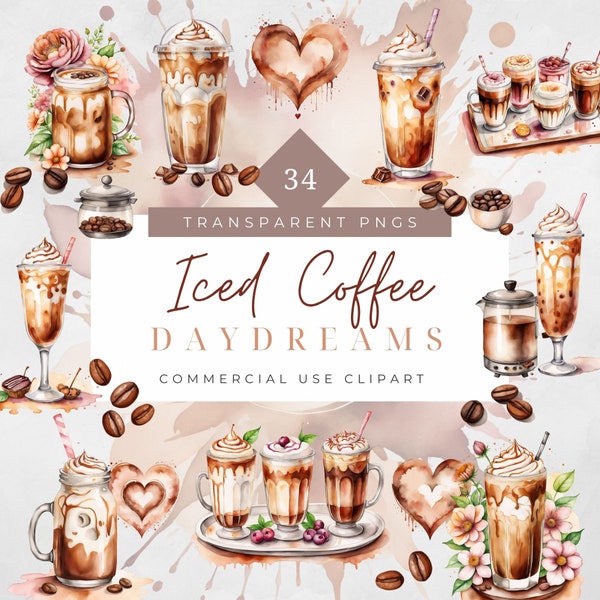 Watercolor Iced Coffee Clipart cute coffee cup clipart iced coffee png cards stationary junk journal coffee mug summer drinks commercial use