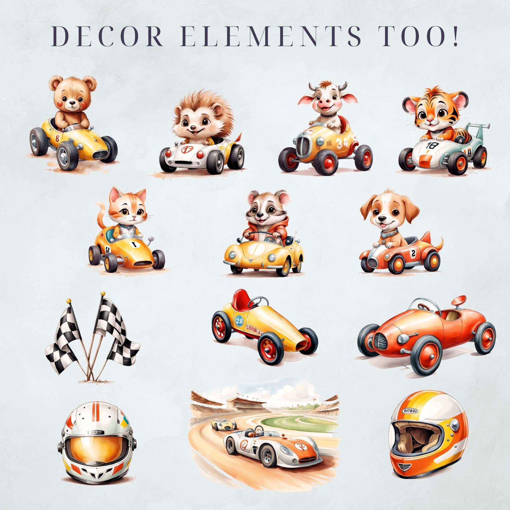 Race Car Clipart Watercolor Cars Clipart Cute Animal Racing Invitation ...