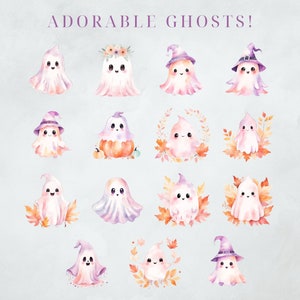 May include: Watercolor illustration of adorable ghosts in various poses. Some ghosts wear witch hats, flower crowns, or are surrounded by autumn leaves. The ghosts are in shades of pink, purple, and white, with smiling faces. Text at the top reads "ADORABLE GHOSTS!"