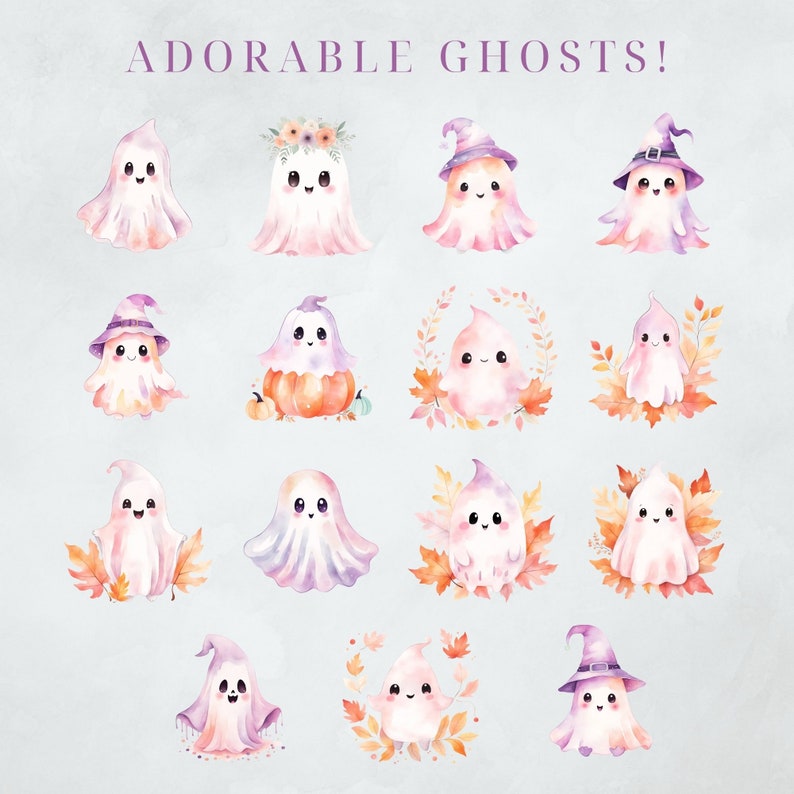 May include: Watercolor illustration of adorable ghosts in various poses. Some ghosts wear witch hats, flower crowns, or are surrounded by autumn leaves. The ghosts are in shades of pink, purple, and white, with smiling faces. Text at the top reads "ADORABLE GHOSTS!"