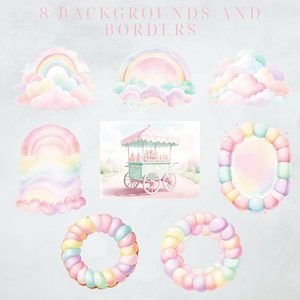 K&ouml;nnte beinhalten: Acht Aquarell-Illustrationen von pastellfarbenen Regenbogenhintergr&uuml;nden und -r&auml;ndern. Die Illustrationen beinhalten einen Regenbogenbogen &uuml;ber Wolken, einen Regenbogenbogen &uuml;ber einer Wolke, einen Regenbogenbogen &uuml;ber einer Wolke, einen Regenbogenbogen &uuml;ber einer Wolke, einen S&uuml;&szlig;warenwagen, einen Donut-Rand, einen Donut-Rand und einen Donut-Rand.