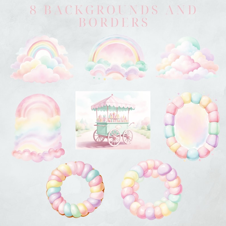 K&ouml;nnte beinhalten: Acht Aquarell-Illustrationen von pastellfarbenen Regenbogenhintergr&uuml;nden und -r&auml;ndern. Die Illustrationen beinhalten einen Regenbogenbogen &uuml;ber Wolken, einen Regenbogenbogen &uuml;ber einer Wolke, einen Regenbogenbogen &uuml;ber einer Wolke, einen Regenbogenbogen &uuml;ber einer Wolke, einen S&uuml;&szlig;warenwagen, einen Donut-Rand, einen Donut-Rand und einen Donut-Rand.