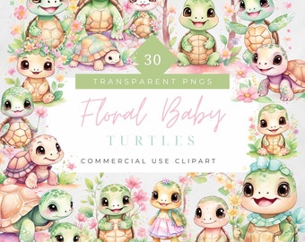 Pastel Baby Turtle with Flowers Clipart Baby Turtle Party Invitation Floral Cute Baby Turtle PNG Turtle Nursery Decor turtle sublimation