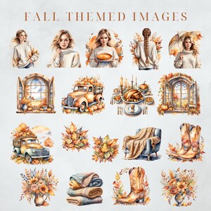 May include: A collection of watercolor illustrations featuring fall themes. The images include a woman holding a pie, a truck with pumpkins, a window with a fall scene, a cozy armchair, a bouquet of flowers, and a pair of boots.