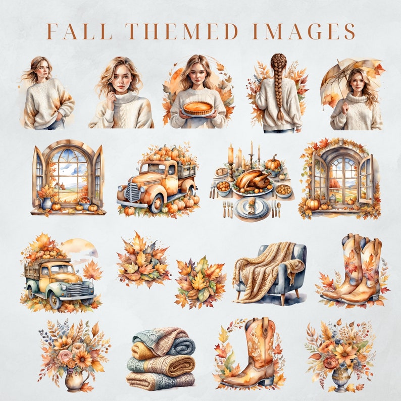 May include: A collection of watercolor illustrations featuring fall themes. The images include a woman holding a pie, a truck with pumpkins, a window with a fall scene, a cozy armchair, a bouquet of flowers, and a pair of boots.
