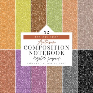 Pode incluir: Uma composição de arte digital com 12 papéis digitais para cadernos com tema de outono. Os papéis têm uma textura salpicada em várias cores, incluindo laranja, verde, castanho e roxo. A imagem inclui o texto "Autumn Composition Notebook Digital Papers".