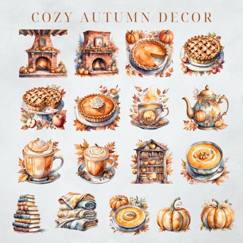 May include: Watercolor illustration of cozy autumn decor featuring pumpkins, fall leaves, a fireplace, a teapot, a bookshelf, a pie, a coffee cup, and a stack of books. The illustration is in a vintage style and has a warm, inviting feel.