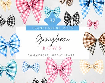 Clipart de lazo de cuadros vichy de acuarela, coqueta, estética, lazos lindos, cuadros, picnic de primavera, PNG, sublimación, diseño de camiseta, uso comercial, descarga digital