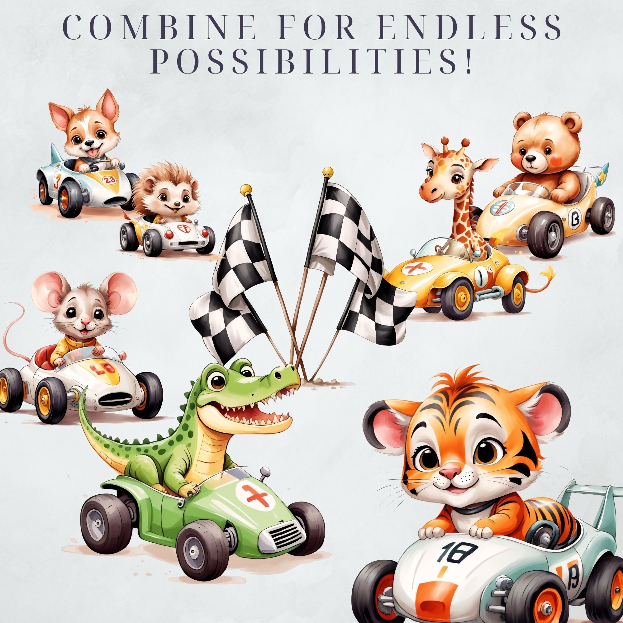 Race Car Clipart Watercolor Cars Clipart Cute Animal Racing Invitation ...