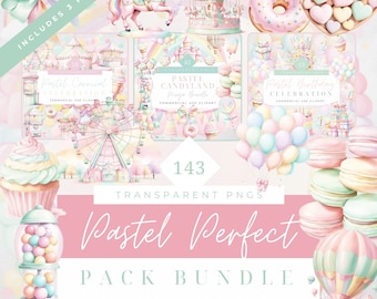 May include: A set of 143 pastel-colored digital clipart images featuring a whimsical carnival theme. The images include a carousel, Ferris wheel, cupcakes, balloons, macarons, a hot air balloon, a gumball machine, and more. The text "Pastel Perfect Pack Bundle" is displayed on a pink background.