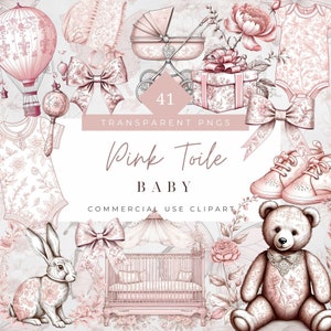 Rosa Toile Clipart Französisch Toile de Jouy Baby Mädchen Spielzeug Chinoiserie Clipart Kinderzimmer Babyschuhe Clipart Teddybär Strampler Blumen png