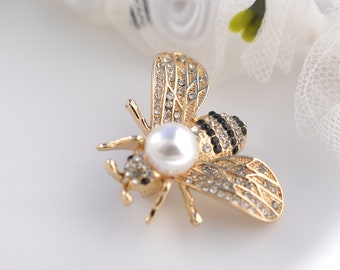 Broche abeille, épingles pour femme en cristal sur le thème des insectes, broches abeille avec imitation, cadeau mode perle, broche en or, broche noire