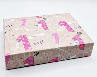 Happy 1st Birthday Wrapping Paper Pink Girl Cute Hearts and Butterflies Age 1 Brown Paper Birthday Giftwrap For One Year Old (2 SHEETS)