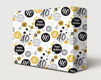 40th Birthday Wrapping Paper / Black Gold Silver Giftwrap For Age 40 Son Grandson Daughter Niece Nephew Friend Any Relation (2 Sheets)