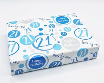 21st Birthday Wrapping Paper Age 21 Birthday Blue and Silver Male Giftwrap (2 SHEETS) PA