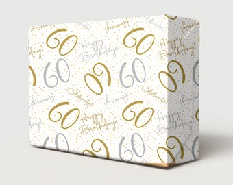 60th Birthday White Gold Silver Wrapping Paper Hooray Celebrate Age 60 Unisex Male Female Giftwrap (2 SHEETS)