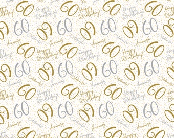 60th Birthday White Gold Silver Wrapping Paper Hooray Celebrate Age 60 Unisex Male Female Giftwrap (2 SHEETS)