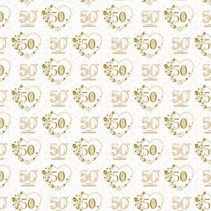 May include: A white background with a repeating pattern of gold heart-shaped frames with the text "50th Anniversary" and floral designs.