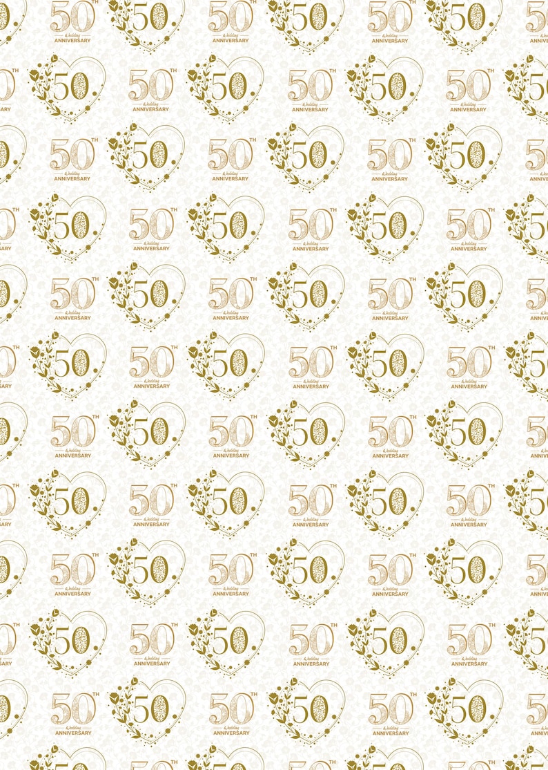 May include: A white background with a repeating pattern of gold heart-shaped frames with the text "50th Anniversary" and floral designs.