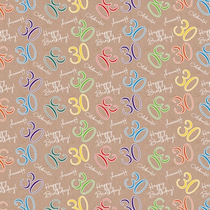 May include: A repeating pattern of the number "30" in various colors, including blue, green, yellow, and red, with the words "Happy Birthday!" and "Celebrate!" on a tan background. The design is suitable for birthday-themed products.