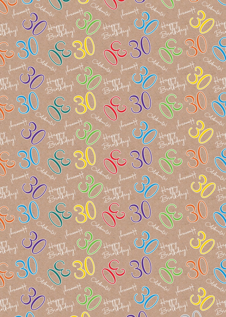 May include: A repeating pattern of the number "30" in various colors, including blue, green, yellow, and red, with the words "Happy Birthday!" and "Celebrate!" on a tan background. The design is suitable for birthday-themed products.