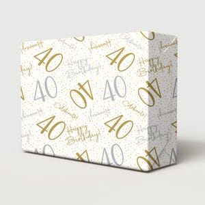 40th Birthday White Gold Silver Wrapping Paper Hooray Celebrate Age 40 Unisex Male Female Giftwrap (2 SHEETS)