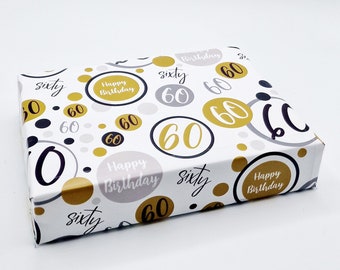 2 Sheets 60th Birthday Unisex Wrapping Paper Age 60 Birthday Black Gold and Silver Giftwrap for Male and Female (PA)