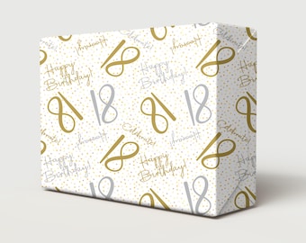 18th Birthday White Gold Silver Wrapping Paper Hooray Celebrate Age 18 Unisex Male Female Giftwrap (2 SHEETS)