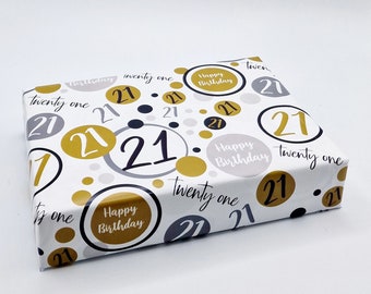 21st Birthday Wrapping Paper Age 21 Birthday Black Gold and Silver Unisex Giftwrap for Male and Female (2 SHEETS)