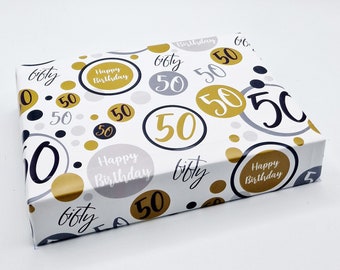 50th Birthday Wrapping Paper Age 50 Birthday Black Gold and Silver Unisex Giftwrap for Male and Female (2 SHEETS)